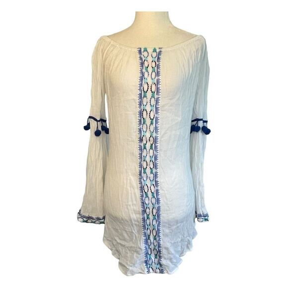 Solitaire Anthropologie Embroidered Swim Cover Up Tunic White Blue Round Neck Be - Picture 1 of 7